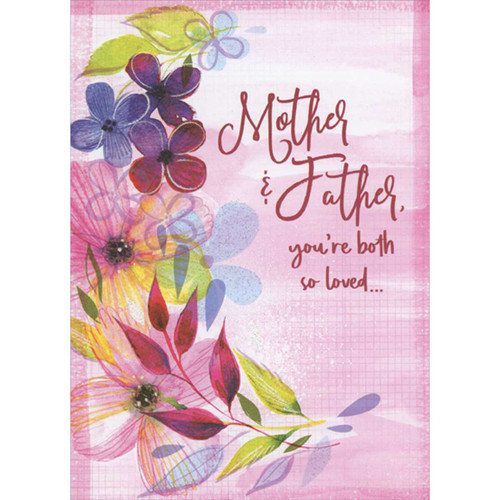 Sparkling Flowers Left Border on Pink Background with Grid Pattern Valentine's Day Card for Mother and Father: Mother & Father, you're both so loved…
