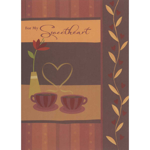 Two Coffee Cups with Heart Shaped Vapors, Vertical Vine on Earthtone Background African American Valentine's Day Card for Sweetheart: For My Sweetheart