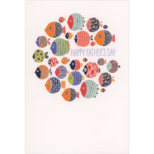 Single Green Foil Fish in Circular School of Fish and White Embossed Waves Father's Day Card for Dad: Happy Father's Day