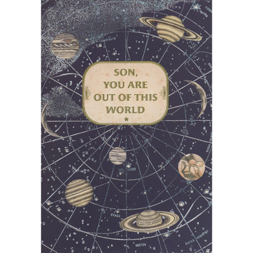 Blue Solar System Map with Silver Foil Accents: Out of This World Graduation Congratulations Card for Son: Son, you are out of this world