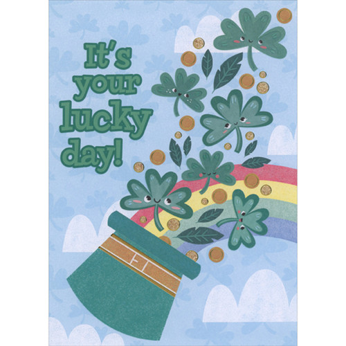 It's Your Lucky Day: Hat, Smiley Faced Shamrocks, Coins and Rainbow Juvenile St. Patrick's Day Card for Young Boy: It's your lucky day!
