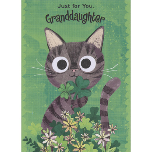 Big Eyed Striped Gray Kitten Holding Shamrocks Juvenile St. Patrick's Day Card for Granddaughter: Just For You, Granddaughter