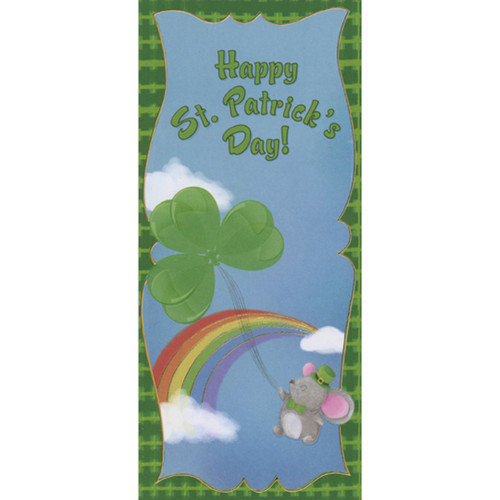 Small Mouse Holding Shamrock Balloons: Rainbow Between Clouds Juvenile St. Patrick's Day Money Holder / Gift Card Holder Card: Happy St. Patrick's Day