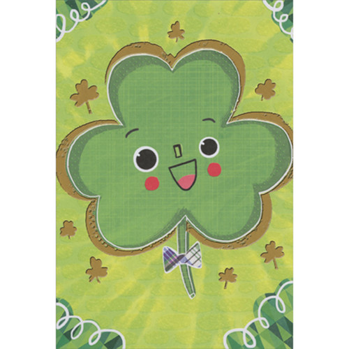 Gold Foil Trimmed Smiley Face Shamrock with Bow Tie Package of 8 Juvenile St. Patrick's Day Cards for Kids