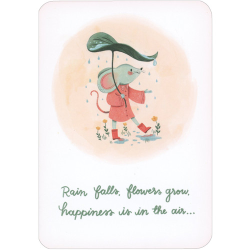 Mouse Holding Leaf Umbrella: Rain Falls, Flowers Grow Easter / Happy Spring Card: Rain falls, flowers grow, happiness is in the air…