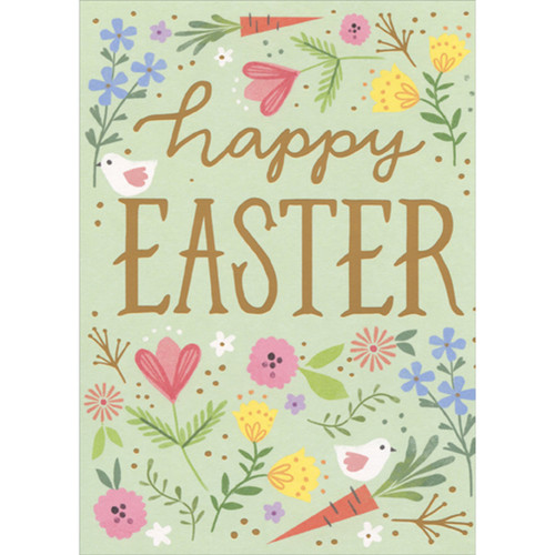Small White Birds, Flowers and Carrots on Light Green Background Easter Card: Happy Easter