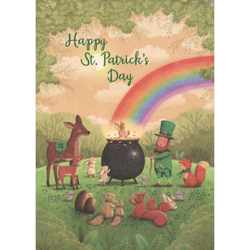 Cute Leprechaun, Rainbow, Pot of Gold and Animals in Meadow St. Patrick's Day Card: Happy St. Patrick’s Day