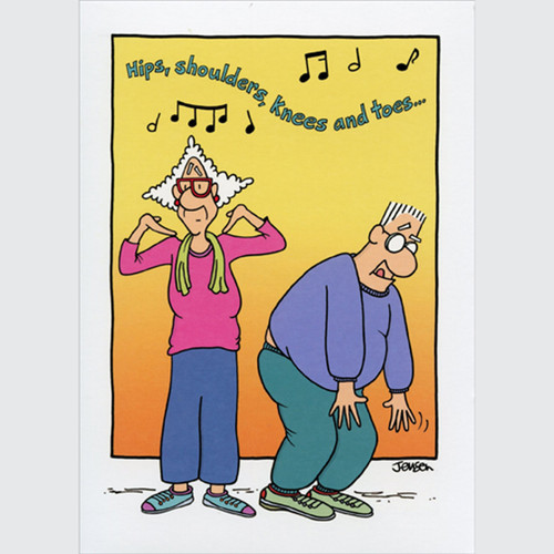 Older Couple Exercising To Song: Hips, Shoulders, Knees and Toes Funny / Humorous Get Well Card for Replacement: Hips, shoulders, knees and toes…