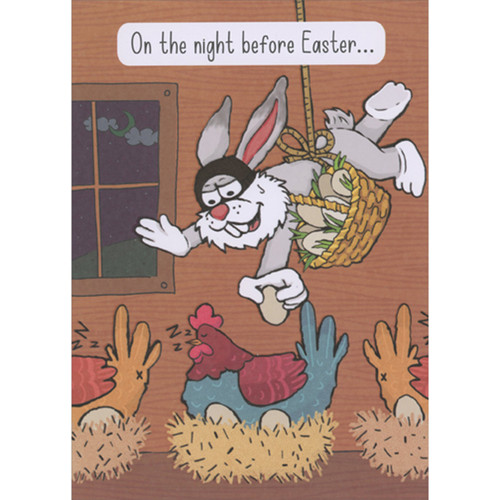 Bunny Stealing Eggs While Suspended from Rope and Basket Funny / Humorous Easter Card: On the night before Easter…