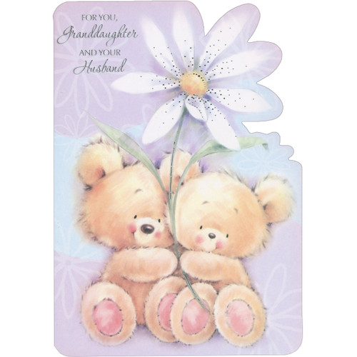 Two Teddie Bears Holding Large White Flower with Silver Foil Accents Die Cut Easter Card for Granddaughter and Husband: For You Granddaughter and Your Husband