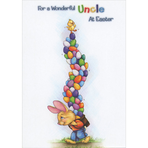 Walking Bunny with Backpack Full of Tall Winding Stack of Sparkling Eggs Juvenile Easter Card for Uncle: For a Wonderful Uncle at Easter