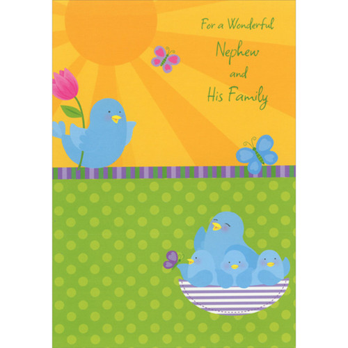 Blue Bird with Pink Flower and Mom Bird and Chicks in Nest Easter Card for Nephew and Family: For a Wonderful Nephew and His Family