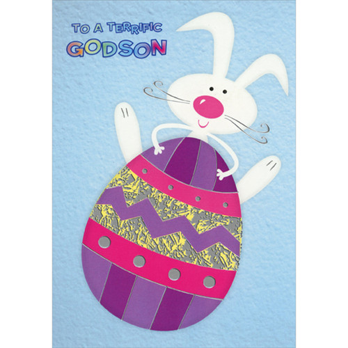 Rabbit with Pink Nose and Silver Foil Whiskers on Large Purple and Pink Egg Juvenile Easter Card for Young Godson: To a Terrific Godson