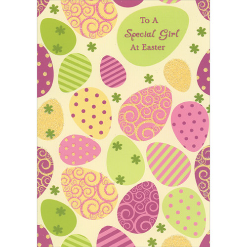 Pastel Green, Pink and Yellow Eggs with Dots, Stripes and Sparkling Swirls Juvenile Easter Card for Young Girl: To a Special Girl at Easter