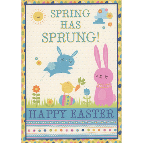 Spring Has Sprung: Blue Bunny Hopping Over Easter Egg Juvenile Easter Card for Young Kid : Child: Spring Has Sprung! Happy Easter
