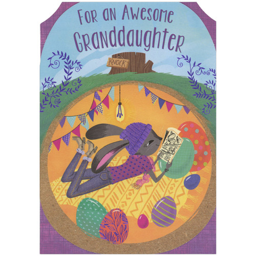 Rabbit Wearing Purple Hat, Pink Shirt and Jeans While Reading in Rabbit Hole Easter Card for Teen : Teenage Granddaughter: For an Awesome Granddaughter