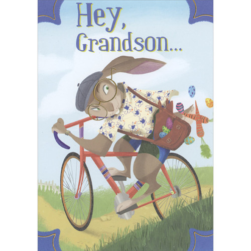Rabbit Riding Bicycle and Satchel Filled with Eggs and Carrots Easter Card for Teen : Teenage Grandson: Hey, Grandson…