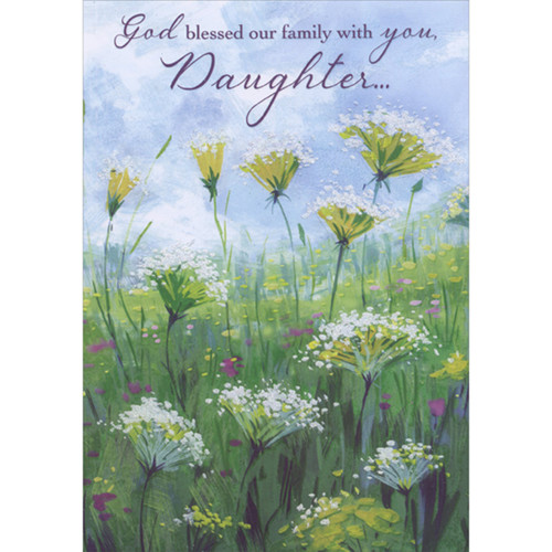 Field of Shimmering White Glitter Flowers with Long Stems Religious Easter Card for Daughter: God blessed our family with you, Daughter…