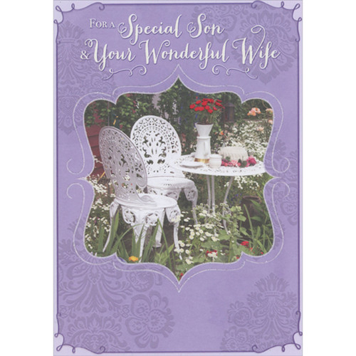 Photo of Ornate White Chairs and Table in Garden Inside Curving Frame on Purple Easter Card for Son and 'Wife' (Daughter-in-Law): For a Special Son and Your Wonderful Wife