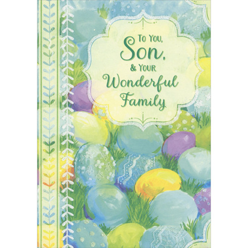 Pastel Watercolor Eggs in Grass and Sparkling White Vertical Vine Easter Card for Son and Family: To You Son, and Your Wonderful Family