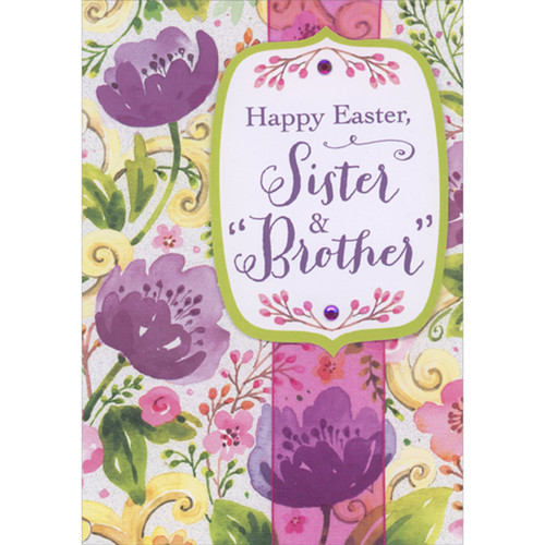 Purple and Pink Flowers on Sparkling White, 3D Die Cut Banner with Purple Gems Over Pink Ribbon Hand Decorated Easter Card for Sister and 'Brother': Happy Easter, Sister and 'Brother'