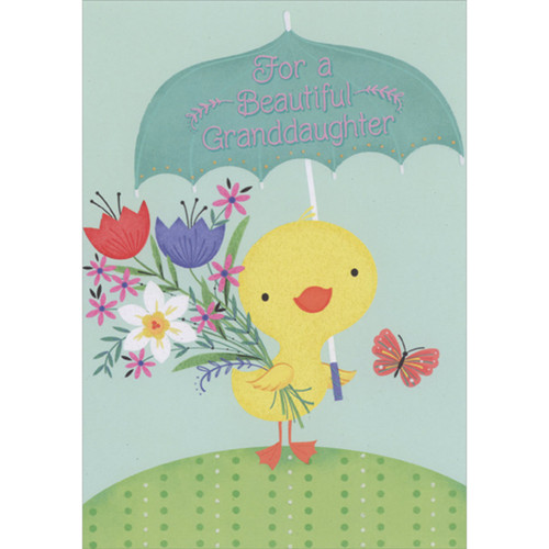 Cute Yellow Duckling Holding Blue Umbrella and Flowers Juvenile Easter Card for Granddaughter: For a Beautiful Granddaughter