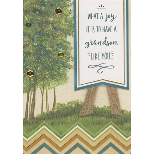 What a Joy 3D Die Cut Tip On Banner Over Brown Ribbon and Sequins on Green Trees Hand Decorated Easter Card for Grandson: What a joy it is to have a grandson like you…