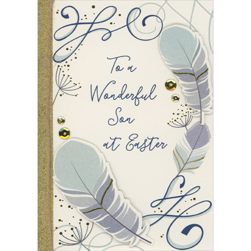 Two 3D Die Cut Blue and Gray Feathers, Swirling Blue Lines, Gold Sequins, Gold Foil Border and Brown String Hand Decorated Easter Card for Son: To a Wonderful Son at Easter