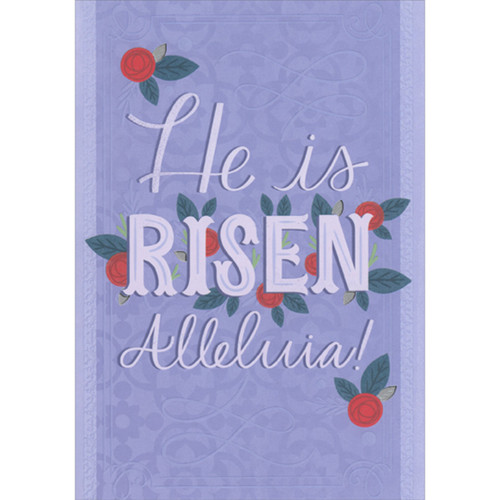 He Is Risen, Alleluia: Small Red Flowers on Light Purple Religious Easter Card: He is Risen Alleluia!