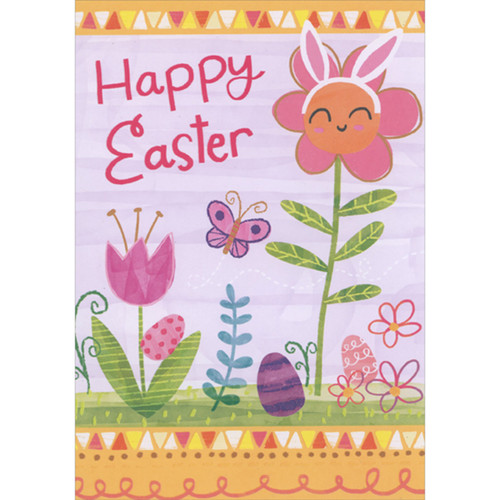 Smiley Faced Flower with Bunny Ears, Pink Tulip and Pink Butterfly Juvenile Easter Card for Young Girl: Happy Easter