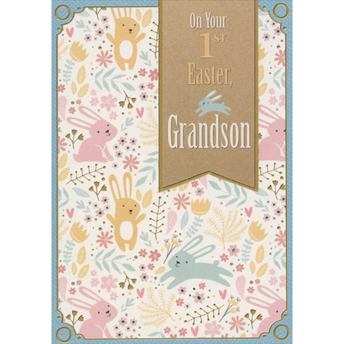 On Your 1st Easter Brown Banner with Blue Bunny Over Repeated Bunnies, Vines and Flowers Juvenile 1st / First Easter Card for Baby Grandson: On Your 1st Easter, Grandson