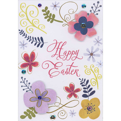 Pink and Purple 3D Die Cut Flowers with Sequins Over Colorful Flowers and Vines on White Hand Decorated Easter Card: Happy Easter