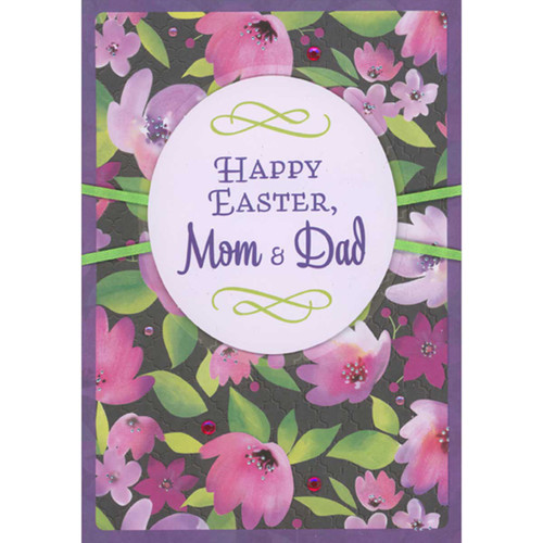 Oval 3D Die Cut Banner Over Crisscross Green Ribbons and Pink Flowers and Gems Hand Decorated Easter Card for Mom and Dad : Parents: Happy Easter, Mom and Dad