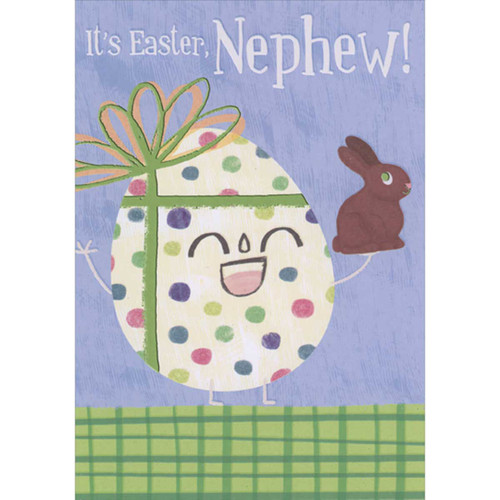 Spotted Smiling Egg Holding Chocolate Rabbit Juvenile Easter Card for Young Nephew: It's Easter, Nephew!