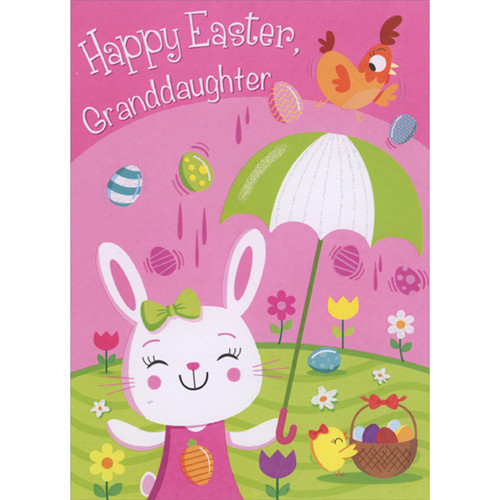 Bunny in Pink Dress Holding Green and White Umbrella Juvenile Easter Card for Young Granddaughter: Happy Easter, Granddaughter