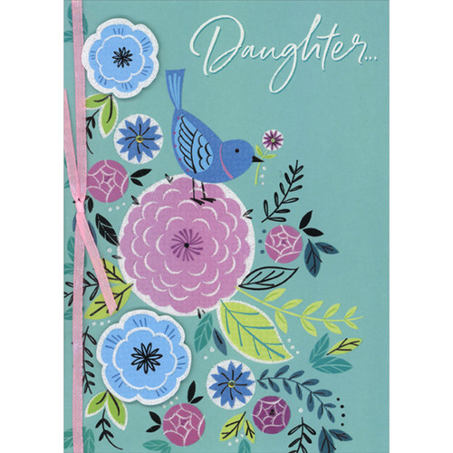 Blue Bird on Large Sparkling Pink Flower, 3D Die Cut Blue Flowers, Gems and Pink Ribbon Hand Decorated Easter Card for Daughter: Daughter…