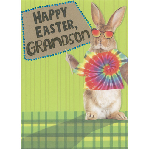 Easter Bunny Wearing Tie Dye Shirt and Holding Sign Easter Card for Teen / Teenage Grandson: Happy Easter, Grandson