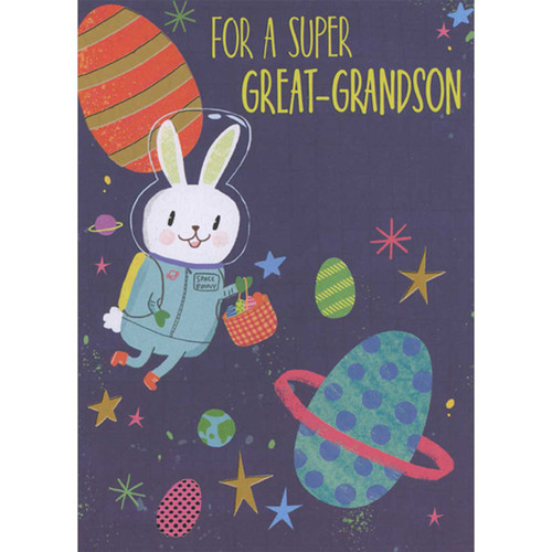 Astronaut Bunny Floating in Space with Egg Shaped Planets Juvenile Easter Card for Young Great-Grandson: For a super Great-Grandson