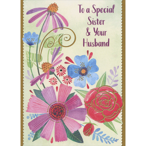 Purple, Blue and Red Flowers with Gold Foil Accents, Swirls and Borders Easter Card for Sister and Husband (Brother-in-Law): To a Special Sister and Your Husband