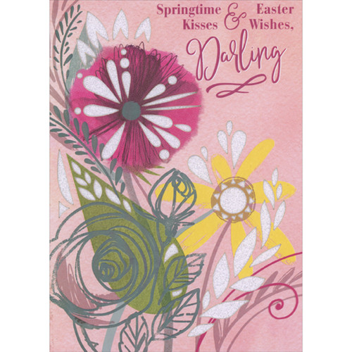 Springtime Kisses: Pink and Yellow Flowers with Sparkling Die Cut Windows Easter Card for Darling (Wife): Springtime Kisses and Easter Wishes, Darling