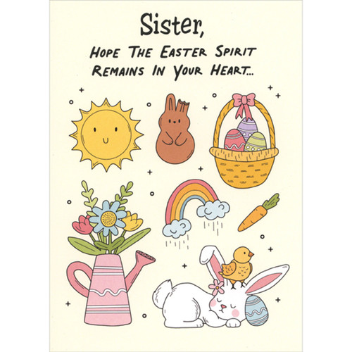 Spirit Remains in Your Heart: Sun, Chocolate, Basket, Flowers, Rainbow and Bunny Funny / Humorous Easter Card for Adult Sister: Sister, hope the Easter spirit remains in your heart…