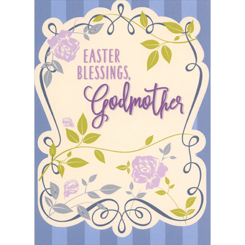 Easter Blessings: Purple Flowers and Green and Blue Swirling Border Religious Easter Card for Godmother: Easter Blessings, Godmother