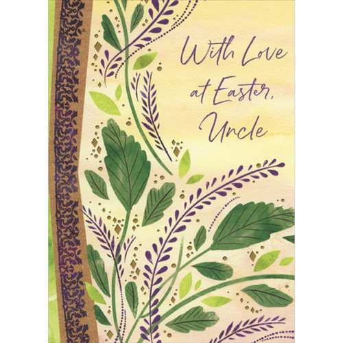 Green Leaves, Stems, Gold foil Diamonds and Circles with Brown and Purple Border Easter Card for Uncle: With Love at Easter, Uncle