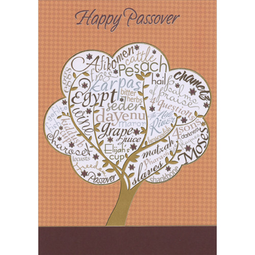 Gold Foil Tree with Passover Words in Branches Passover Card: Happy Passover - Seder - dayenu - Afikomen - Karpas - Pesach - hail - Chametz - kiddush cup - Moses - Matzah - Elijah's cup - gefilte - Egypt