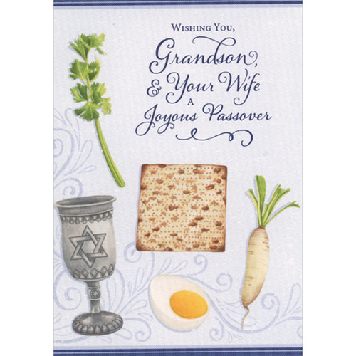 Joyous Passover: Greens, Matzah, Hard Boiled Egg and Silver Goblet Passover Card for Grandson and Wife: Wishing You, Grandson, and Your Wife A Joyous Passover
