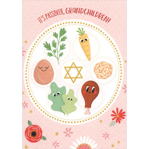 Smiley Faced Food on Seder Plate: Light Pink Floral Tablecloth Juvenile Passover Card for Young Grandchildren: It's Passover, Grandchildren!