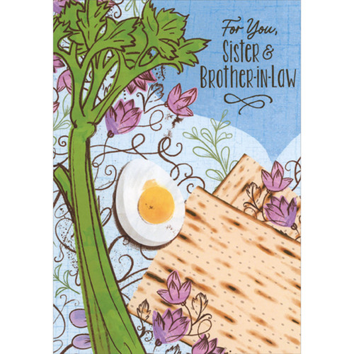 Celery Stalk, Half of Hard Boiled Egg, Matzah and Pink Flowers Passover Card for Sister and Brother-in-Law: For You, Sister and Brother-in-Law