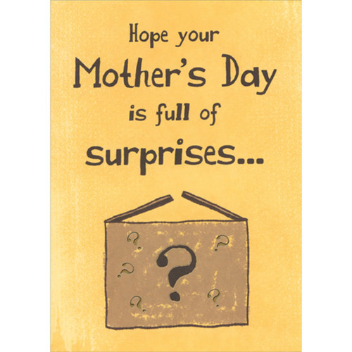 Full of Surprises: Brown Box with Question Mark on Yellow Funny / Humorous Mother's Day Card: Hope your Mother's Day is full of surprises…