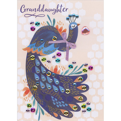 Purple Peacock, Colorful Sequins, Blue Gems, Pink Heart Shaped Gem and Ribbon 3D Hand Decorated Keepsake Mother's Day Card for Granddaughter: Granddaughter