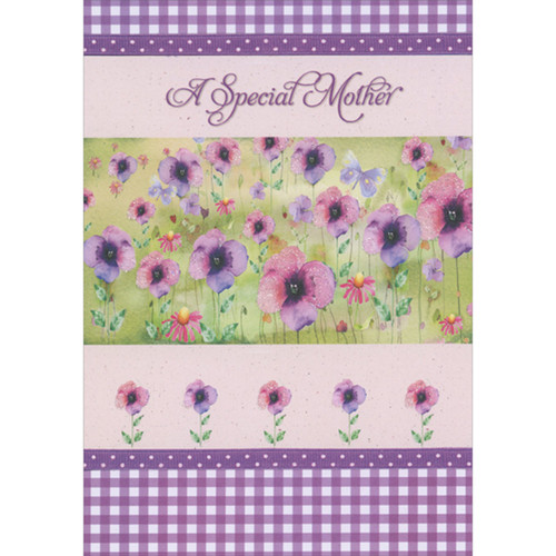 A Special Mother: Field of Sparkling Pink and Purple Flowers and Checkerboard Borders Mother's Day Card for Mother: A Special Mother